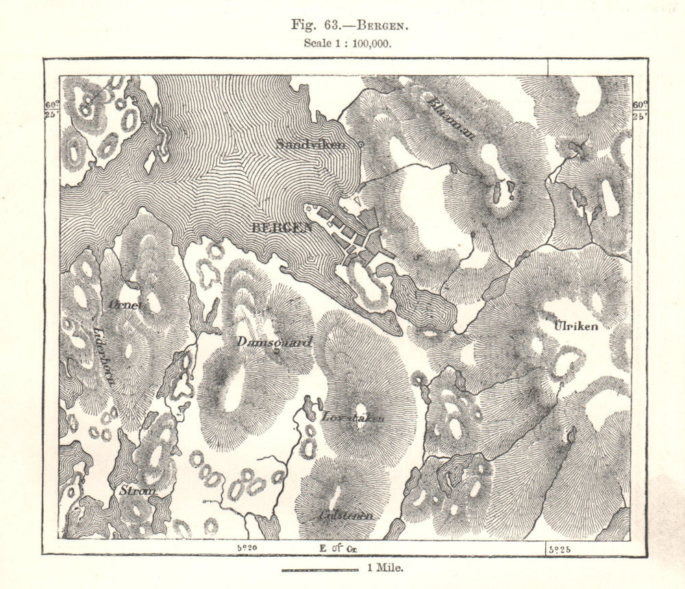 Bergen & environs. Norway. Sketch map 1885 old antique vintage plan chart